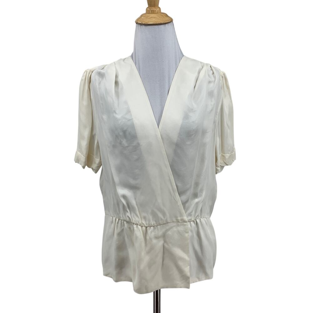 Paige Blouse Womens L Large Eggshell Felicity Surplice Peplum Hem Puff Sleeves